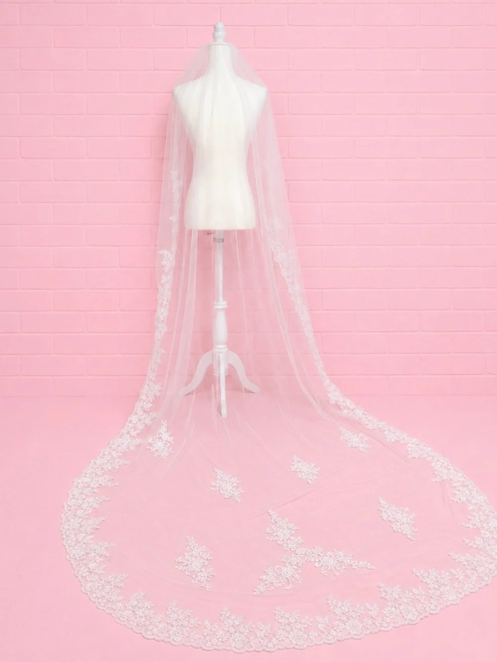 Cathedral Length Wedding Veil With Floral Lace Appliqués